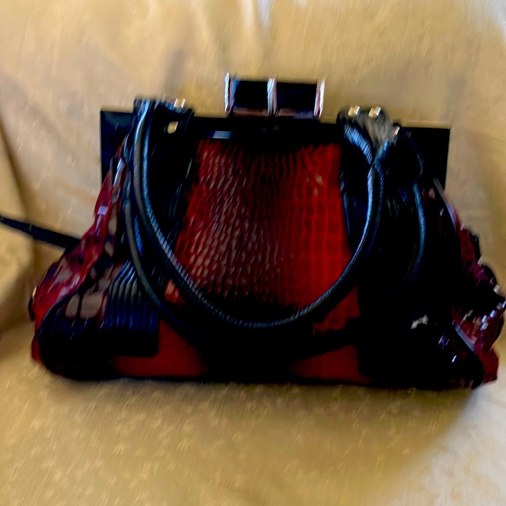 Faux patent leather alligator red and black large purse